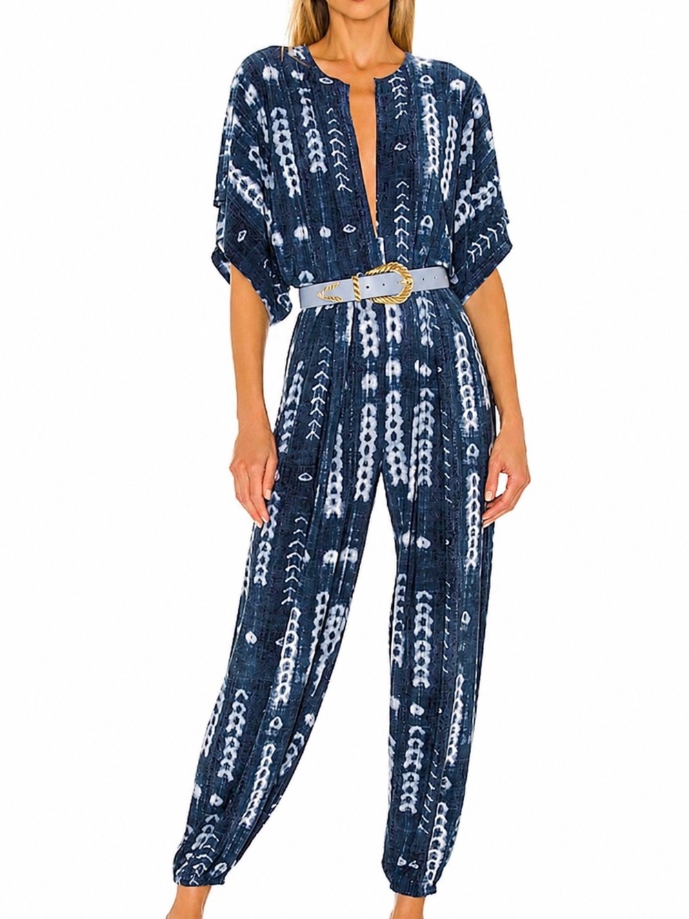 Norma Kamali Blue Tie-Dye Kimono Sleeve Jumpsuit Size L/40
